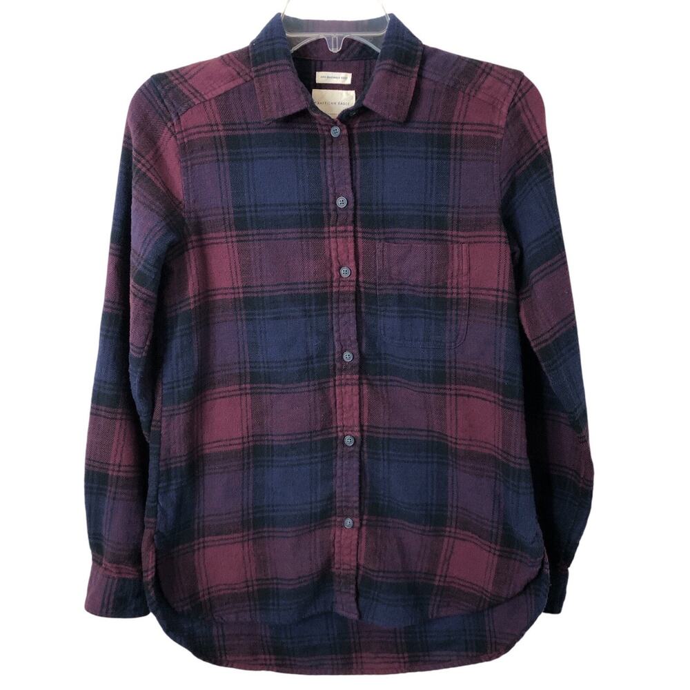 American Eagle Women's Purple Plaid Ahh-Mazingly Soft Boyfriend Fit Flannel XS